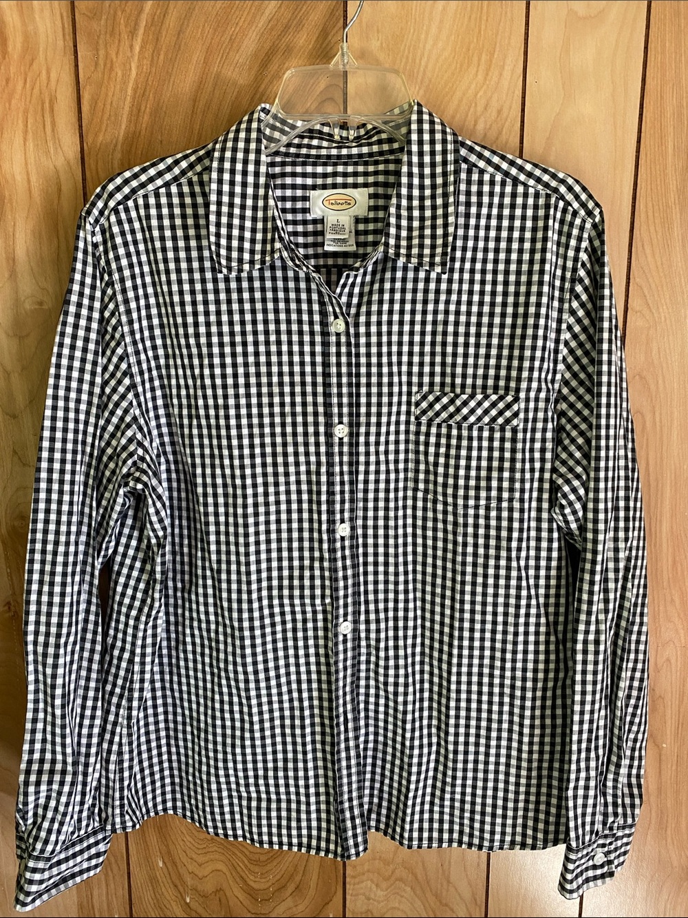 Talbots Gingham Check Button Up Shirt Women’s L Black White Preppy Career Casual